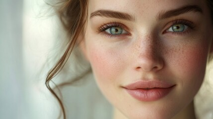 Fototapeta premium Close-up Portrait of a Woman with Freckles and Green Eyes