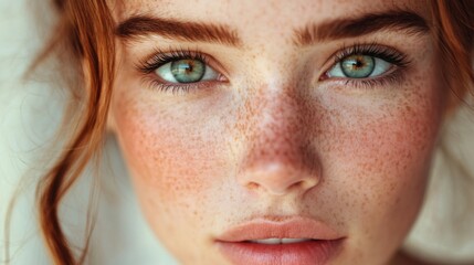 Fototapeta premium Close-up Portrait of a Woman with Freckles and Green Eyes