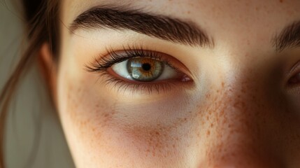 Fototapeta premium Close-up of a woman's green eye with freckles and long eyelashes
