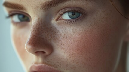 Close-up of a Woman's Face with Freckles and Blue Eyes