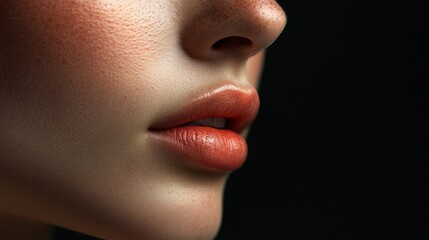 Close-up of a woman's lips with a hint of freckles and a glossy finish.