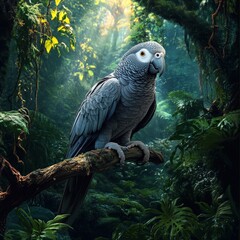 Fototapeta premium African Grey Parrot in Lush Rainforest with Vibrant Green Foliage