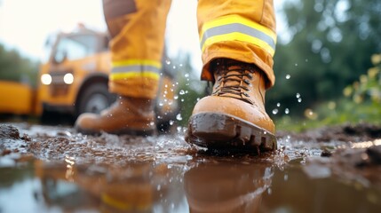 A firefighter's steps create splashes in a muddy environment, showcasing the dedication and hard work of emergency responders in any condition they face.