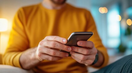 A person wearing a mustard yellow shirt uses a smartphone while sitting indoors, perhaps engaged in browsing or communication in a modern, comfortable environment.
