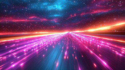 Abstract Neon Light Trails in a Starry Night Sky