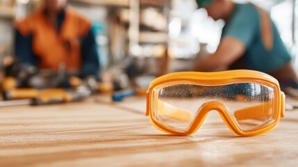 Orange safety goggles positioned on a wooden workbench in a workshop, denoting the significance of safety gear in maintaining a safe and injury-free work environment.