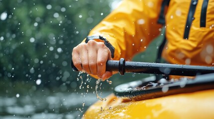 A close-up of a hand in a yellow sleeve holding a paddle and paddling in water, with raindrops falling, depicting an adventurous outdoor activity amidst rainy conditions.