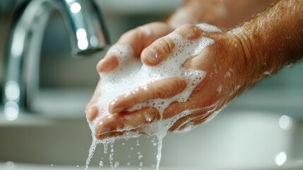 A detailed image highlighting hands being thoroughly washed with soap under a running water stream at a sink, emphasizing cleanliness and hygiene.