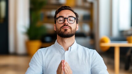 A man in calm indoor setting wearing casual attire, representative of tranquility and mindfulness, with hands joined in a meditative pose indicating inner peace.