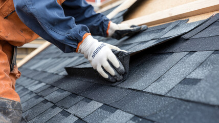 A man is putting shingles on a roof. He is wearing a blue shirt and orange pants