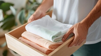 Obraz premium A person is holding a wooden drawer filled with neatly folded clothes, emphasizing organization, minimalist living, and effective space usage to maintain a harmonious home environment.