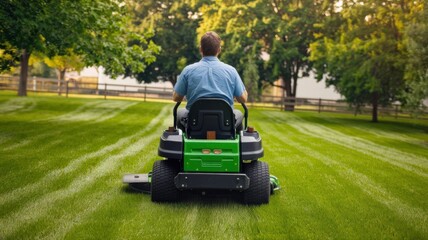 Fototapeta premium A Man Enjoys a Sunny Day Mowing His Lush Green Lawn on a Riding Mower in a Tranquil Garden Setting. Generative AI