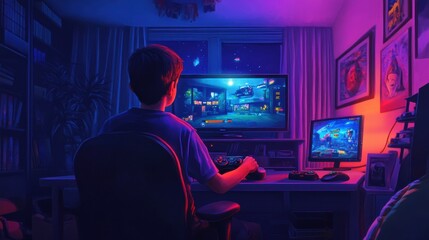 A Boy Immersed in Gaming Adventures in His Cozy, Colorful Room Filled With Creativity. Generative AI
