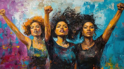 Women United in Protest With Fists Raised, Embodying Strength and Empowerment in Abstract Art Form. Generative AI