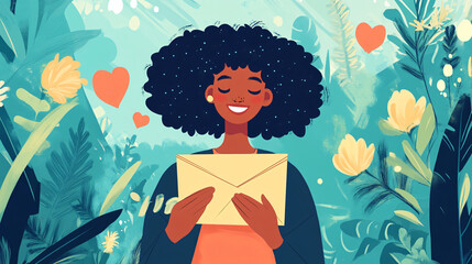 An illustration of a joyful person receiving a heartfelt letter or card with positive messages.