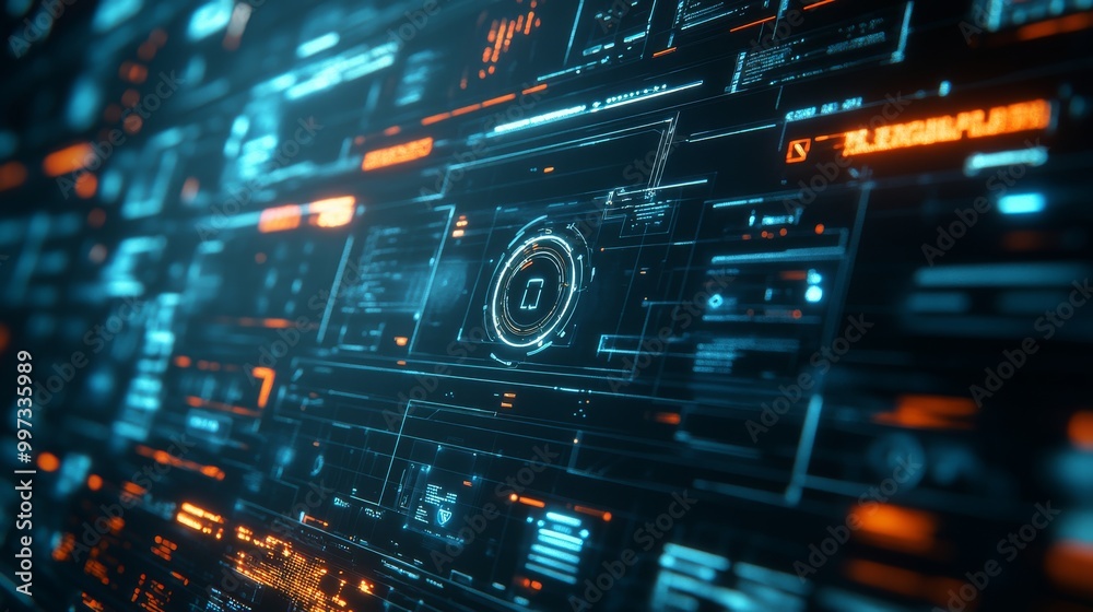 Poster a digital screen showcases a sophisticated cybersecurity interface featuring encryption data locks, 