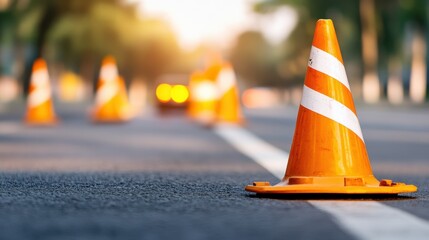 This image captures a series of orange traffic cones lined up on a paved road with vehicular lights blurred in the background, highlighting a focus on roadside safety and alertness.