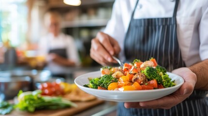 Naklejka premium A chef meticulously adds the finishing touches to a vibrant and healthy vegetable dish, ensuring every detail is perfect in a professional kitchen setting.