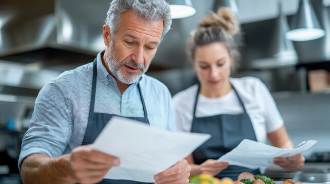 Two chefs wearing aprons and focused on reviewing a set of menu recipes in a busy professional kitchen, ensuring accuracy and quality for their upcoming dishes.