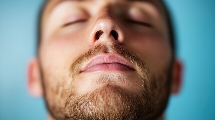 Fototapeta premium An image showing the back of a person's head with a slightly blurred blue backdrop, suggesting contemplation, anonymity, or reflection.