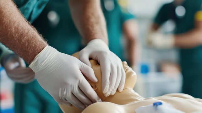 Emergency medical personnel practice CPR on a training mannequin, focusing on airway management and chest compressions during a lifesaving skills simulation and practice.