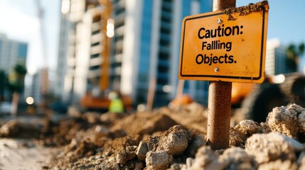 A caution sign warns about falling objects at a bustling construction site, indicating the importance of safety measures and alertness in such hazardous environments.