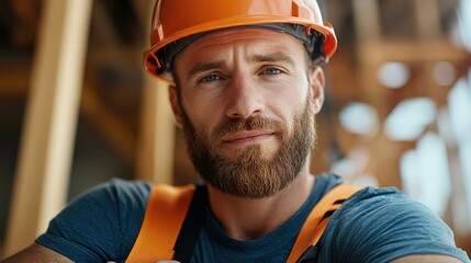 An experienced construction worker with a serious expression in an orange helmet, surveying the building site with a keen eye, showcasing professionalism and expertise.