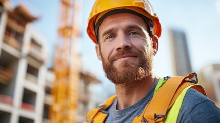 A confident construction worker with a beard, wearing a yellow helmet, overseeing a project site, embodying leadership, competence, and vision in construction.
