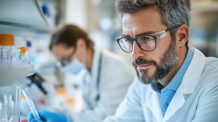 Two researchers working diligently in a laboratory setting, handling test samples and conducting experiments, showcasing the dedication and precision in scientific research.
