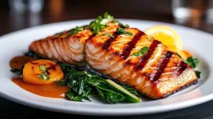 Scrumptious grilled salmon fillet placed on a bed of wilted greens, paired perfectly with a tangy lemon garnish topping, served on a ceramic plate.