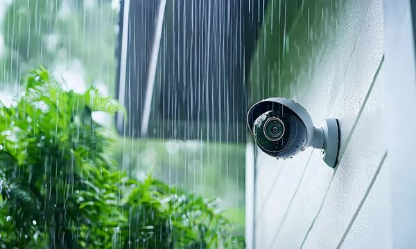 Close up of grey round smart home security camera on white house, during a rainstorm
