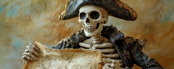 Skeleton of a pirate captain wearing a tricorn hat, holding an old treasure map