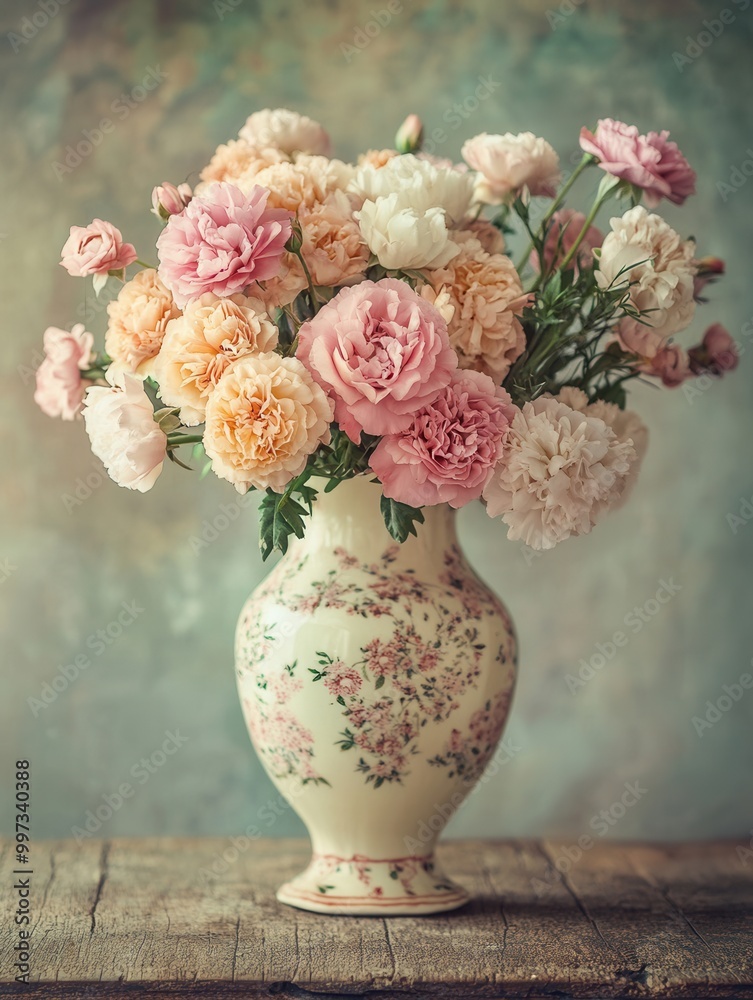 Poster Beautifully arranged roses and carnations fill a vintage vase, creating a charming centerpiece on a rustic wooden table. Generative AI