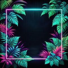 Obraz premium A vibrant, tropical-themed graphic featuring colorful leaves and a glowing frame.
