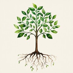 Fototapeta premium A detailed illustration of a tree with green leaves and visible roots.