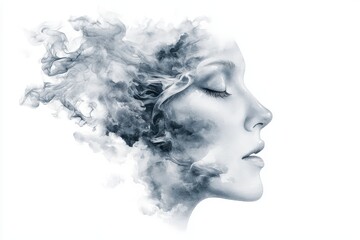 A serene profile with flowing smoke and abstract art, white isolated background.