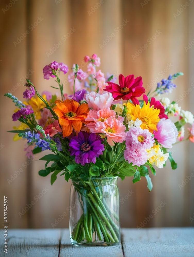 Poster a vibrant bouquet filled with various flowers in a glass vase sits elegantly on a light wood table, 