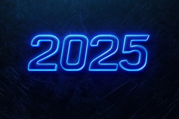 Minimalistic logo contour of 2025, new year blue neon color on black background