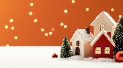 Fototapeta premium Charming holiday houses with festive decorations on snowy ground.