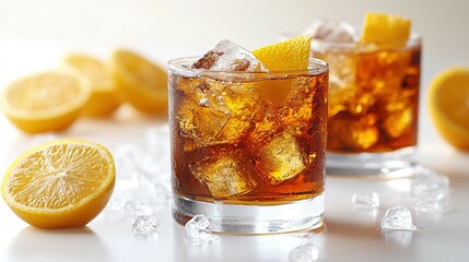 A Glass of Iced Brown Drink with Lemon Wedge
