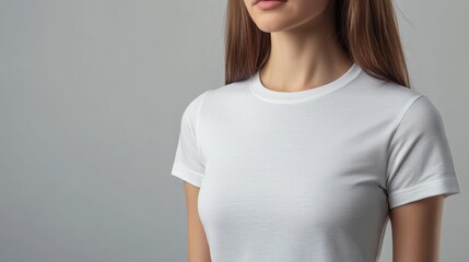 Fototapeta premium A woman poses confidently in a blank white t-shirt, standing against a soft gray background. The focus is on the casual style and fit of the garment, suitable for apparel promotion