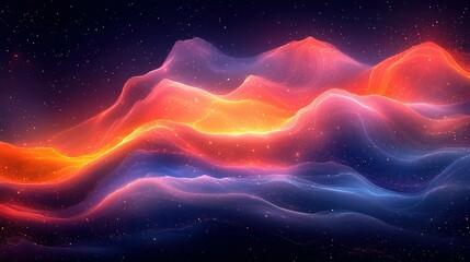 Abstract Wavy Landscape with Glowing Lights and Stars