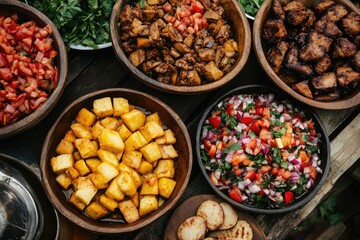 Close-up of various side dishes on a wooden table. Perfect for illustrating a food blog, recipe website, or cookbook.