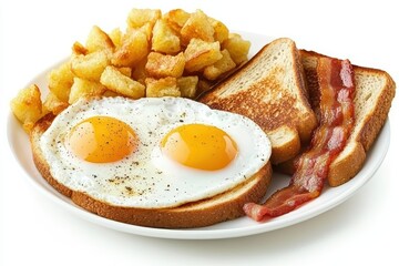 Delicious breakfast plate with eggs, bacon, toast, and crispy potatoes on white background.