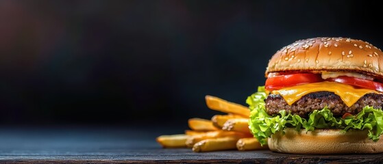 Delicious burger with lettuce, tomato, cheese, and fries on a wooden table.