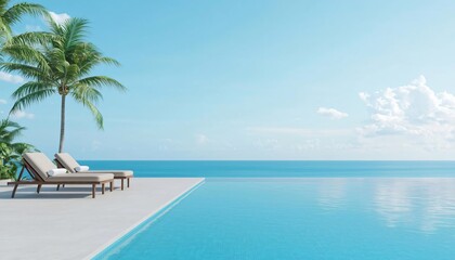 Fototapeta premium serene poolside with tropical palm trees under a bright sky, perfect for relaxation and vacation imagery.