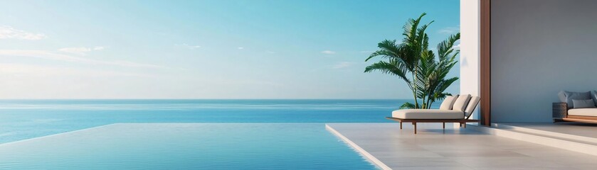 Fototapeta premium Stunning view of a tranquil infinity pool, palm tree, and serene blue sky perfect for relaxation and vacation ambiance.