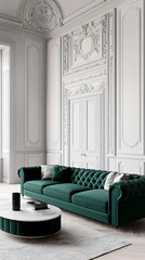 Stylish green velvet couch in a luxurious interior featuring elegant moldings and a modern coffee table.