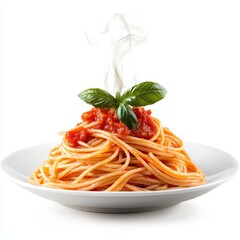 Delicious steaming spaghetti with tomato sauce and fresh basil on a white plate.