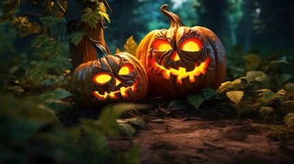 Jack-o'-Lanterns Glowing in the Dark Forest